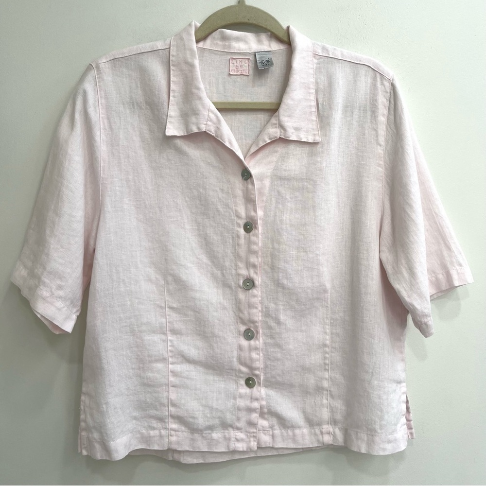 Lino by Chico’s Short Sleeve Powder Pink Linen Button Down Shirt Boxy 1 Medium